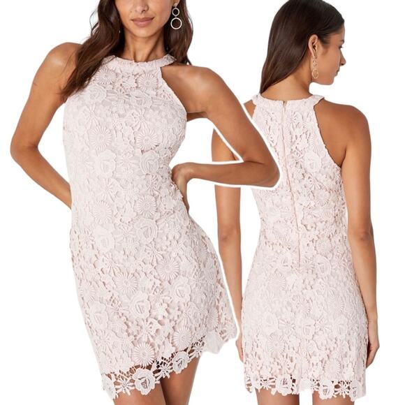 Lulus Love Poem Blush Pink Crochet Floral Lace Formal Halter Mini Dress Medium - Picture 1 of 13